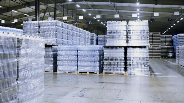 Lader op de achtergrond van een enorm industrieel voedselmagazijn met plastic petflessen met bier, water, drank. — Stockvideo