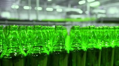 Bira fabrikasında bira doldurmak için sıra. Boş yeşil cam şişeler bira fabrikasında kuyrukta konveyör bandında hareket ediyor..