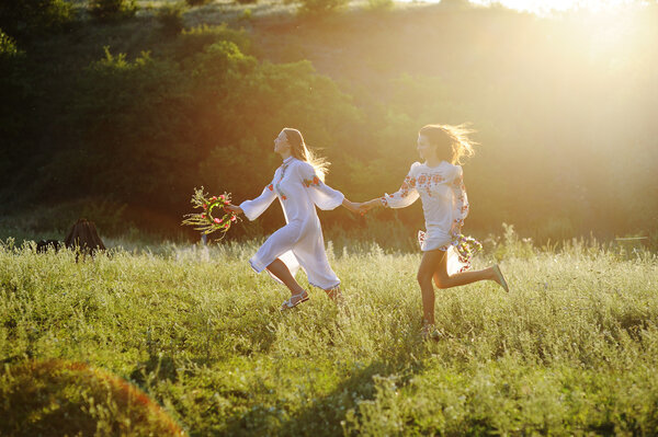 two girls in the national Ukrainian clothes with wreaths of flow