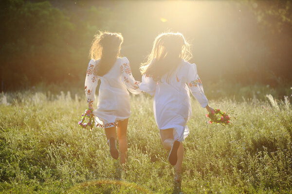 two girls in the national Ukrainian clothes with wreaths of flow
