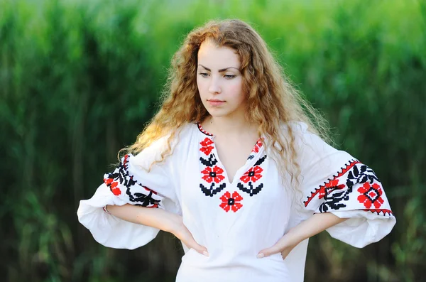 Dziewczyna w krajowej ukraińskiej koszuli na tle trawy — Zdjęcie stockowe