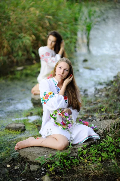 Duas meninas na roupa nacional ucraniana com grinaldas de fluxo — Fotografia de Stock