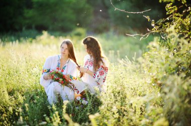 iki kız Ukrayna Ulusal çim üzerinde oturan elbise. Kız