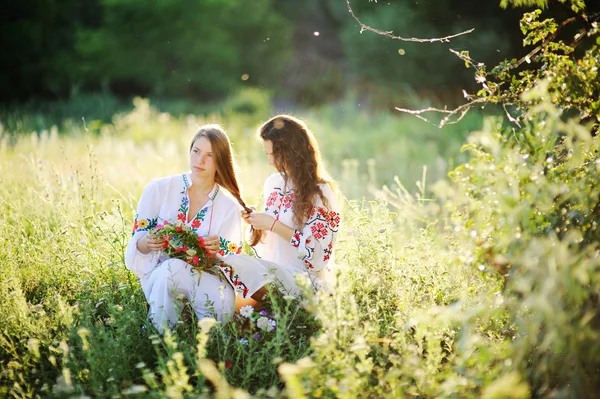 Two girls in Ukrainian national dress sitting on the grass. Girl — Stock Photo, Image