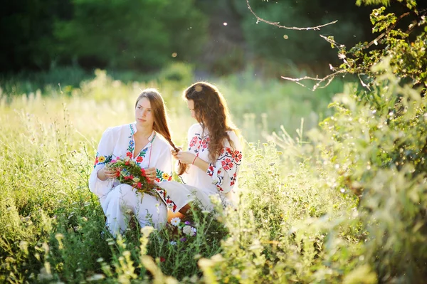 Dos niñas en vestido nacional ucraniano sentado en la hierba. Chica. Imágenes De Stock Sin Royalties Gratis