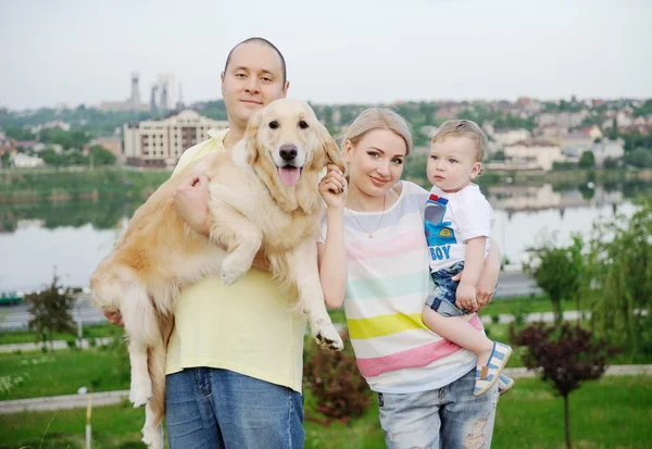 Familia con un perro recuperador en la hierba — Foto de Stock