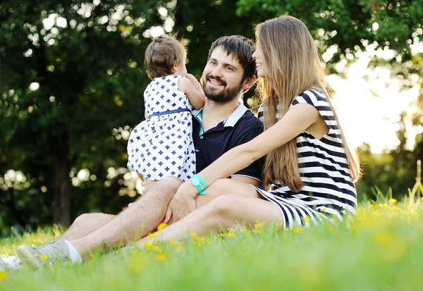 Çimenlerin üzerinde parkta genç aile rahatlatıcı. küçük kız dikkat — Stok fotoğraf