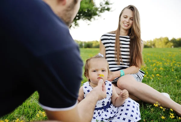 Çimenlerin üzerinde parkta genç aile rahatlatıcı. küçük kız kokusu — Stok fotoğraf