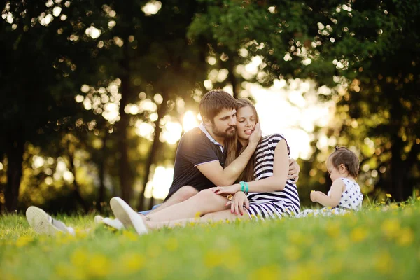 Молодая семья отдыхает в парке на траве . — стоковое фото