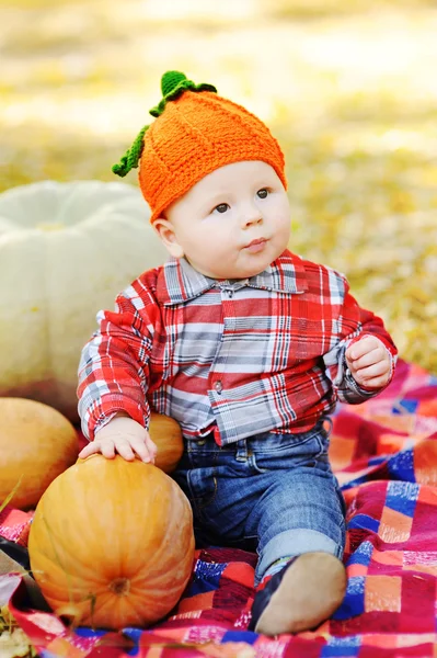 Bebé niño con calabazas sobre un fondo de follaje amarillo —  Fotos de Stock