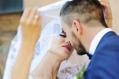 Gelin ve damat öpüşme peçe altında