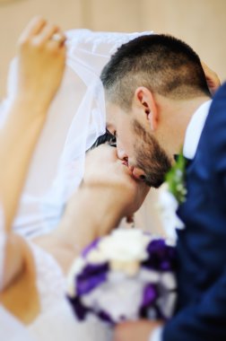 Gelin ve damat öpüşme peçe altında