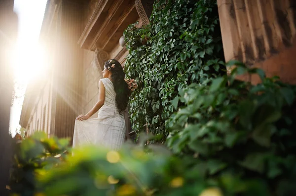 The bride with a wedding bouquet back to the camera on the backg — Stock Photo, Image