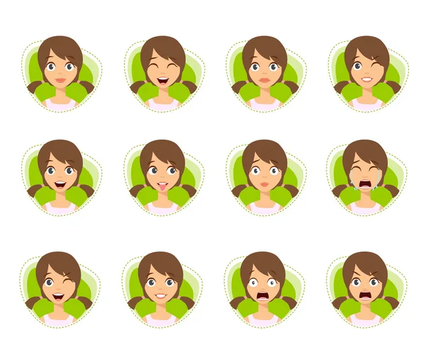 Conjunto de Expresiones Avatar Mujer con Dos Coletas — Vector de stock