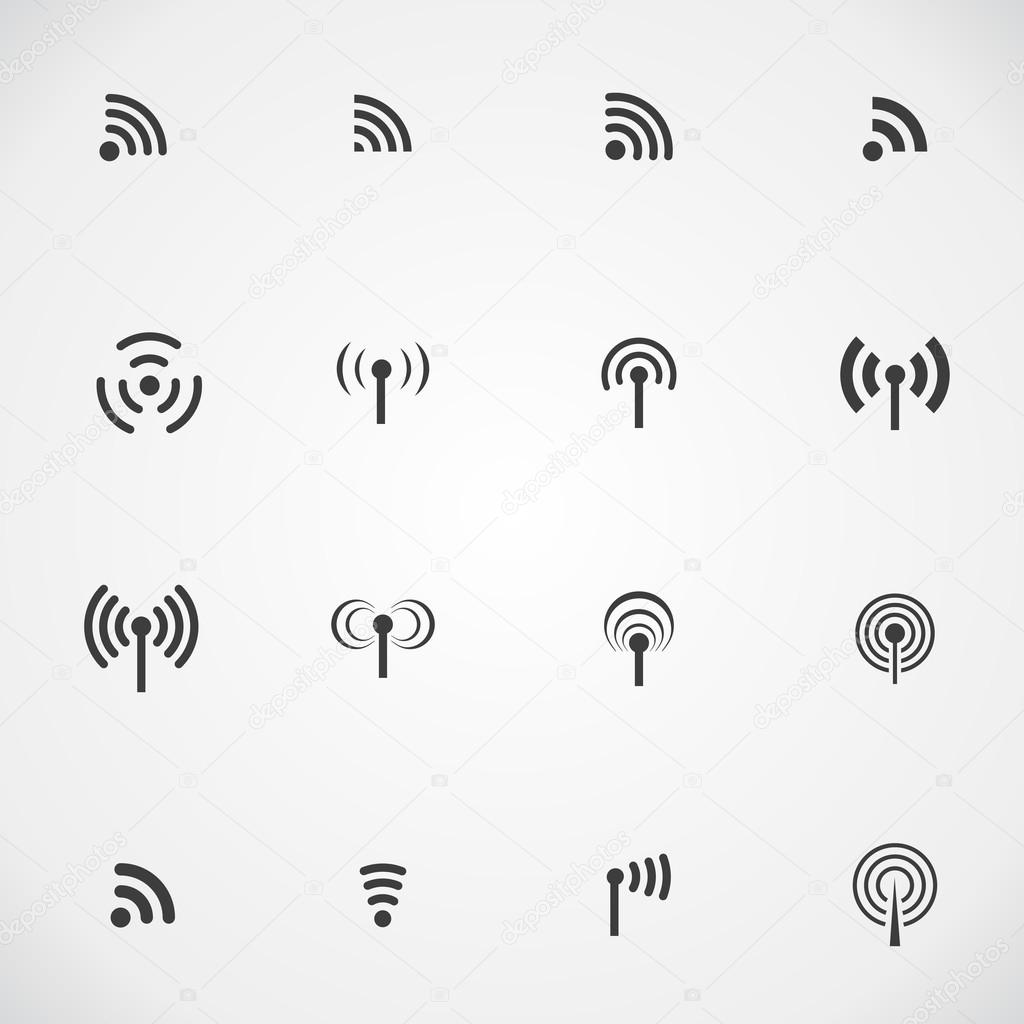 Set of sixteen different black vector wireless and wifi icons