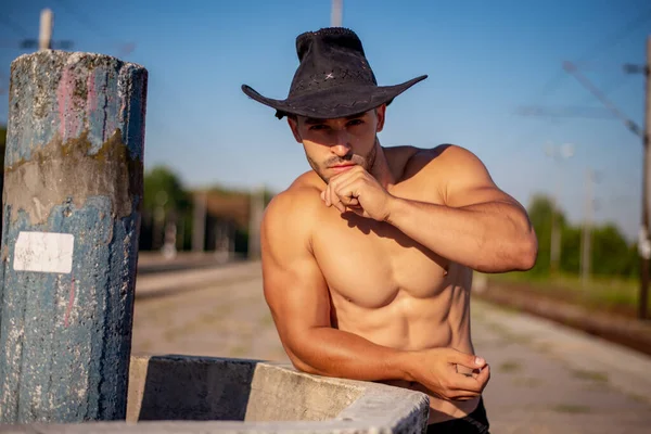 Close Portrait Man Cowboy Hat Thoughtful Man Hat Relax Vintage — Stock Photo, Image