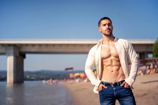 Musculoso Torso Constructor Del Cuerpo Masculino Día Soleado Playa Musculoso —  Fotos de Stock