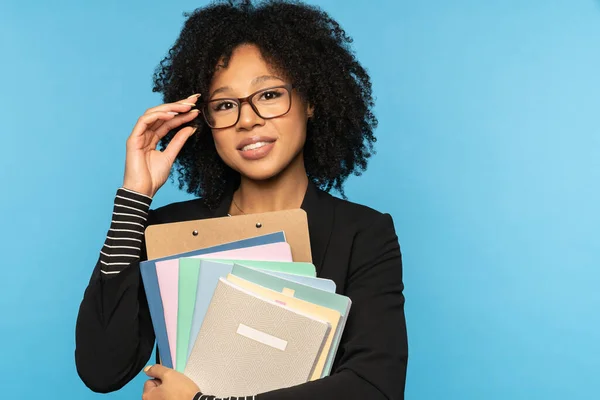 Glückliche Lehrerin Oder Geschäftsfrau Blazer Brille Auf Notizbücher Dokumente Und — Stockfoto