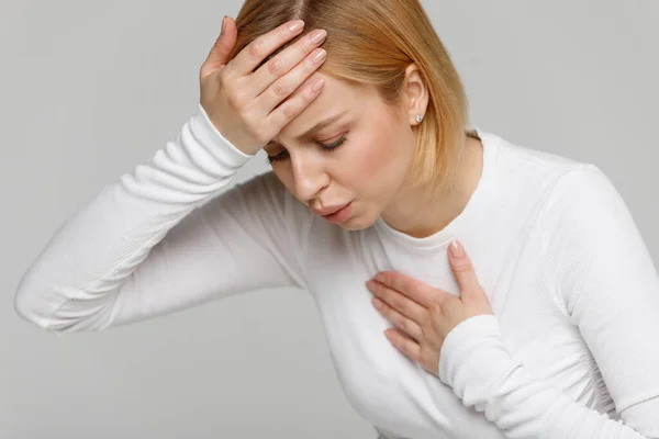 Ademhaling Ademhalingsproblemen Astma Aanval Druk Pijn Borst Zonnesteek Duizeligheid Concept — Stockfoto