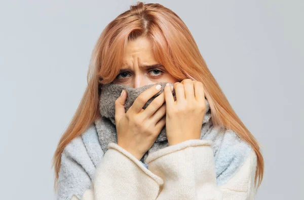 Upset Young Caucasian Woman Strawberry Blonde Hair Wrapped Warm Scarf — Stock Photo, Image