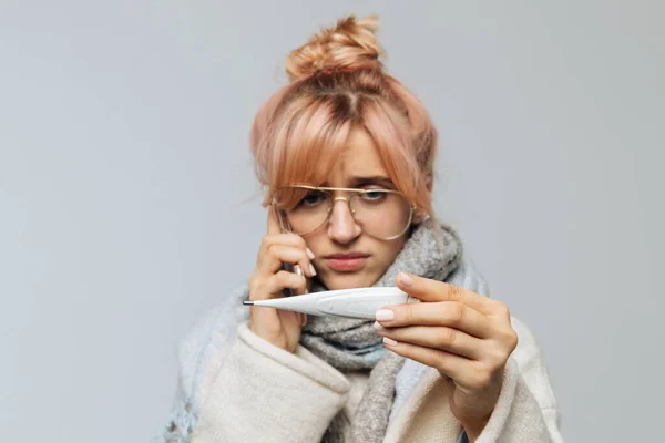 Closeup Portrait European Unhealthy Woman Glasses Caught Cold Looking Thermometer — Stock Photo, Image