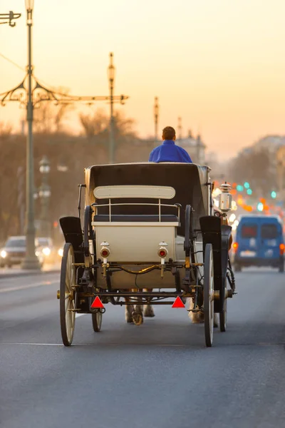 Back View Tourist Antique Carriage Rides Crossing Bridge Petersburg Sunset — Fotografia de Stock