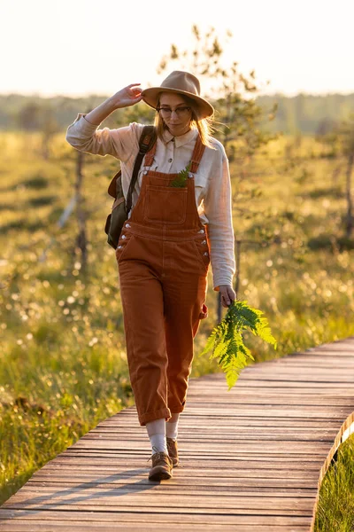 Woman botanist with backpack on ecological hiking trail in summer outdoors. Naturalist exploring wildlife and ecotourism adventure walking on path through peat bog swamp in a wildlife national park.
