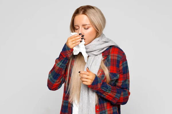 Studio Portrait Upset Woman Checked Shirt Wrapped Scarf Sneezing Blowing — Stock Photo, Image