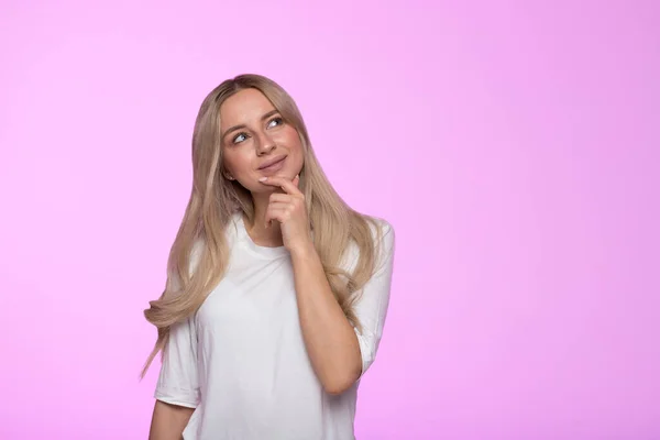 Closeup Studio Portrait Pensive Young Woman Thinking Looking Place Advertising — стоковое фото