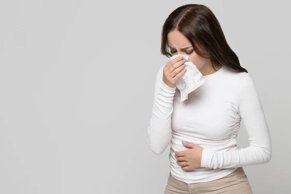 Studio Portrait Female Napkin Sneezing Experiences Allergy Symptom Isolated Grey — Stock Photo, Image
