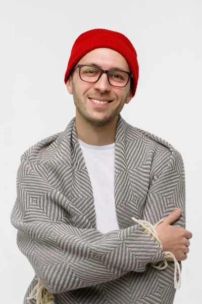 Studio Portrait Cheerful Stylish Hipster Guy Light Bristles Face Smiling — Stock Photo, Image