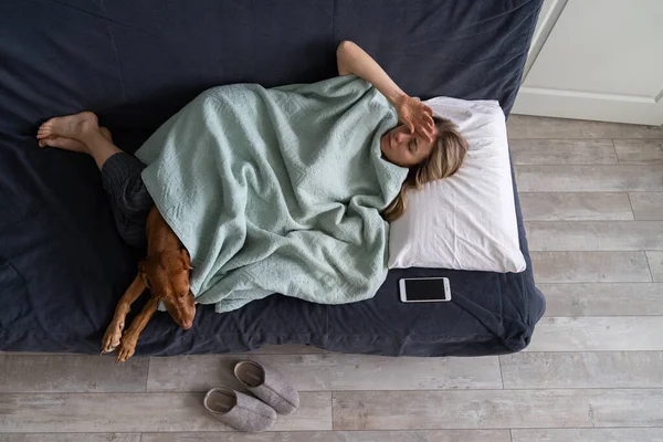 Kimerült nő fekszik az ágyban kutyával otthon szenved erős feszültség fejfájás, migrén, influenza. — Stock Fotó