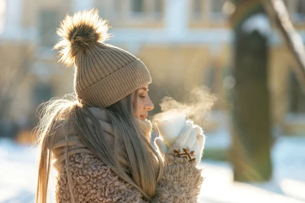 Cute Young Caucasian Woman Beige Fur Coat Hat Pompon Scarf — Stock Photo, Image