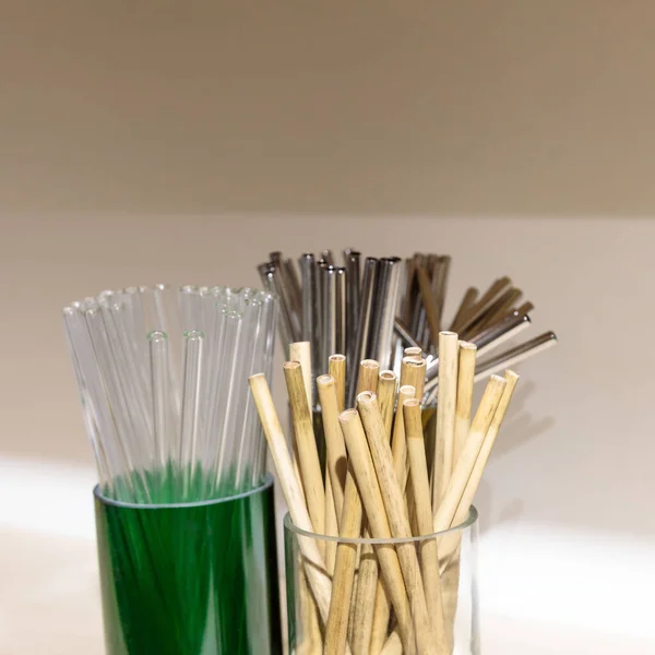 Replacing Plastic Straws Various Reusable Straws Bamboo Eco Friendly Biodegradable — Stock Photo, Image