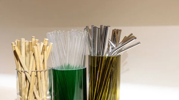 Replacing Plastic Straws Various Reusable Straws Bamboo Eco Friendly Biodegradable — Stock Photo, Image