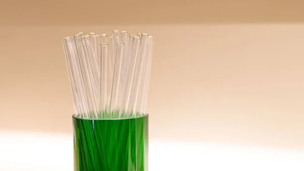 Replacing Plastic Straws Reusable Straws Transparent Glass Eco Friendly Selective — Stock Photo, Image