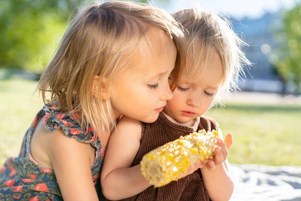 Två glada små barn flickor systrar äter sockermajs kolv på sommardagen. Hälsosam kost, picknick — Stockfoto