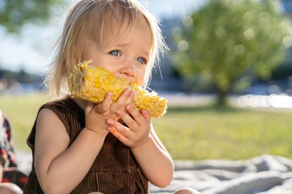 Liten barn flicka äter sockermajs kolv, sitter på rutig på gräs på sommardagen. Hälsosam kost. — Stockfoto