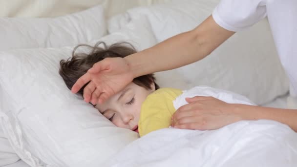 Orangtua yang khawatir memanggil dokter. Mom menyentuh dahi anak demam tidur membuat panggilan telepon ke dokter anak — Stok Video