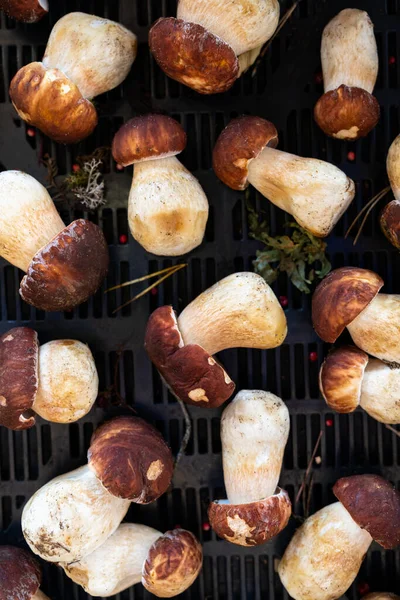 Top View Fresh Porcini Mushrooms Boletus Edulis Plastic Basket — Stockfoto