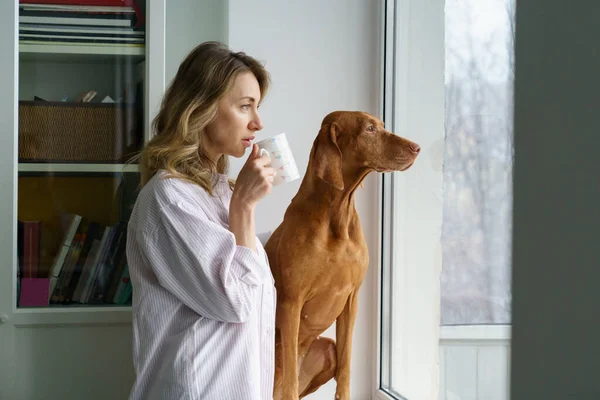 Propriétaire heureuse femme et chien assis sur le rebord de la fenêtre, tenant une tasse de café, regardant par la fenêtre — Photo