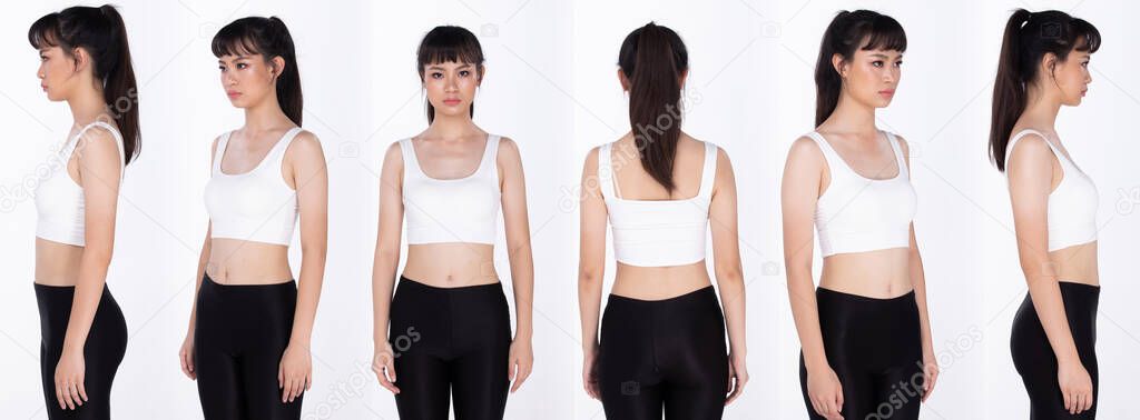 Half Body Portrait of 20s Asian Woman black hair white vast pant. Girl turns 360 around rear side back view many poses over white Background isolated