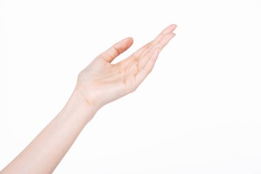 Güzel bir kadın yetenekli el, kol ve parmakları iyi durumda. İyi bir jest, işaret işareti, stüdyo ışıklandırması reklam için izole edilmiş beyaz arka plan.