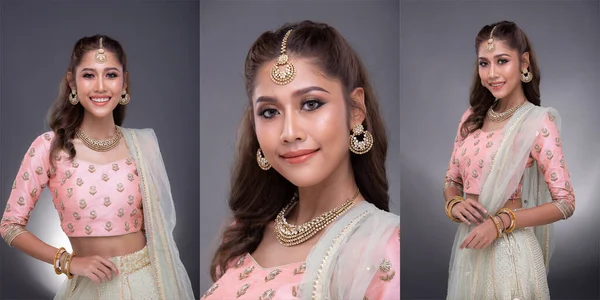 Indian beauty eyes with perfect make up wedding bride, Portrait of a beautiful woman in traditional ethnic Pakistani bridal costume with heavy jewellery, gray background three collage