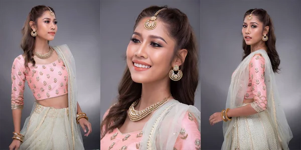 Indian beauty eyes with perfect make up wedding bride, Portrait of a beautiful woman in traditional ethnic Pakistani bridal costume with heavy jewellery, gray background three collage