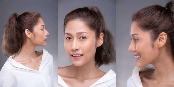 아시아 여성의 얼굴은 아름다운 얼굴에 셔츠를 — 스톡 사진