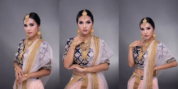 完璧な結婚式の花嫁を構成するインドの美しさの目 重いジュエリーと伝統的な民族パキスタンのブライダル衣装の美しい女性の肖像画 グレーの背景3つのコラージュ — ストック写真
