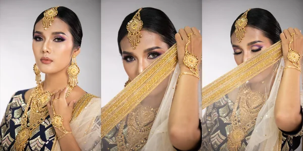 Olhos Beleza Indiana Com Perfeito Compõem Noiva Casamento Retrato Uma — Fotografia de Stock