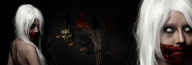 Taze ağzı yaralı hayalet kadın perili yerlerin uzun saçları, cadılar bayramı arkaplanı boş kopya alanı