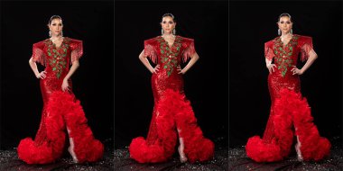 Kabare Karnavalı 'ndaki Asyalı Transseksüel Kadın' ın tam boy vücut portresi Kolaj 'ın profil çekimi için karanlık arkaplan üzerinde Kırmızı Kraliçe Elbisesi